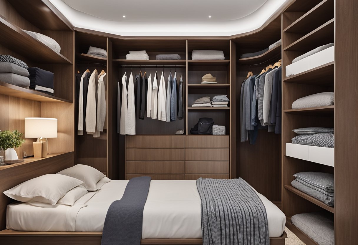 A compact corner wardrobe in a small bedroom, with sleek and space-saving design. Shelves and drawers neatly organized to maximize storage