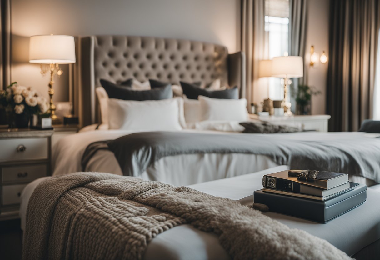 A luxurious king-sized bed sits in the center of the room, adorned with plush pillows and a velvet throw. Soft, ambient lighting illuminates the elegant decor, including a sleek dresser, ornate mirror, and a cozy reading nook with a ch