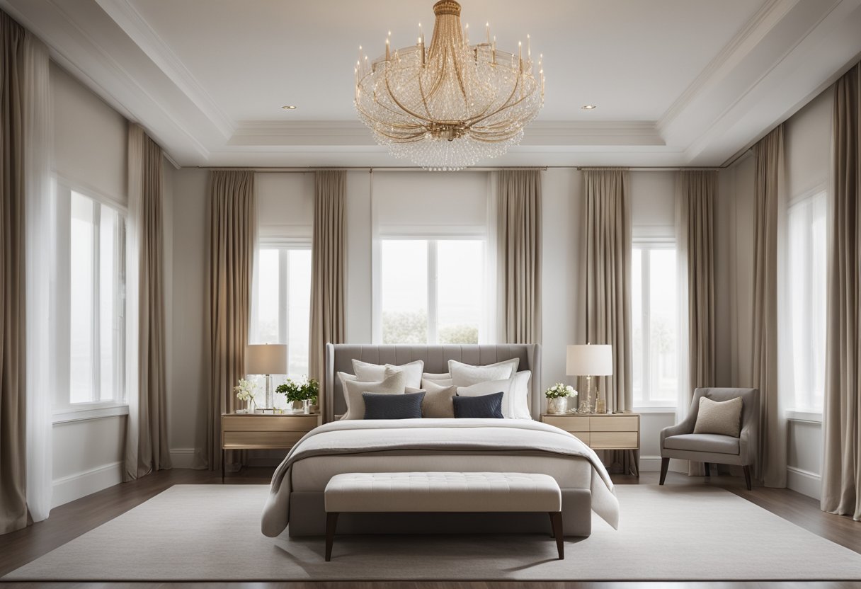 A spacious master bedroom with a luxurious king-size bed, soft neutral tones, elegant furniture, and large windows letting in natural light