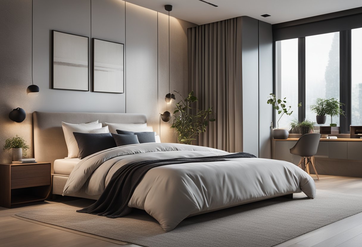A spacious master bedroom with soft lighting, a plush bed, and minimalist decor for a serene and functional atmosphere