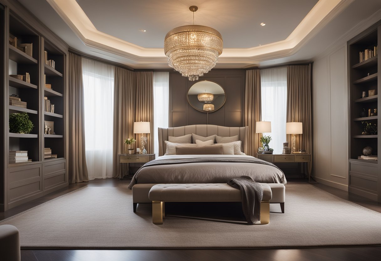 An elegant master bedroom with a luxurious king-sized bed, soft ambient lighting, and a cozy reading nook by the window. Rich, neutral tones create a serene and sophisticated atmosphere
