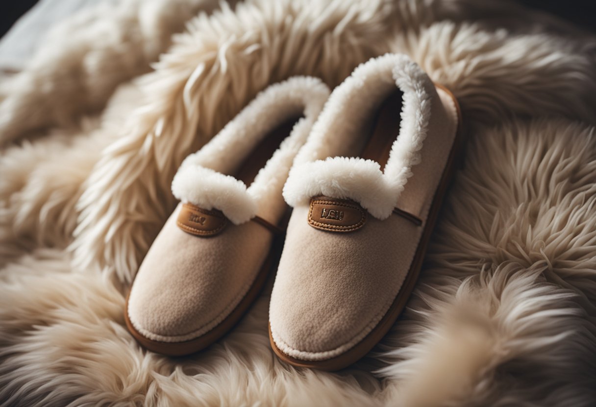 A pair of plush, designer bedroom slippers sit neatly on a soft, shaggy rug next to a cozy bed