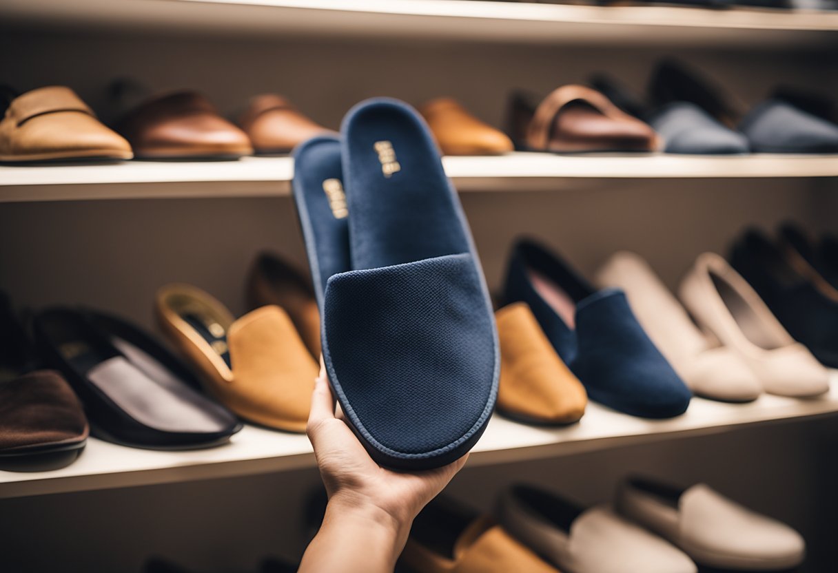 A hand reaches for a pair of luxurious bedroom slippers, carefully examining the intricate details and soft fabric, surrounded by shelves of other stylish footwear options