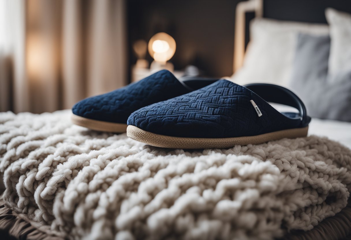 A pair of designer bedroom slippers placed neatly on a plush rug, surrounded by a stack of magazines and a cozy blanket