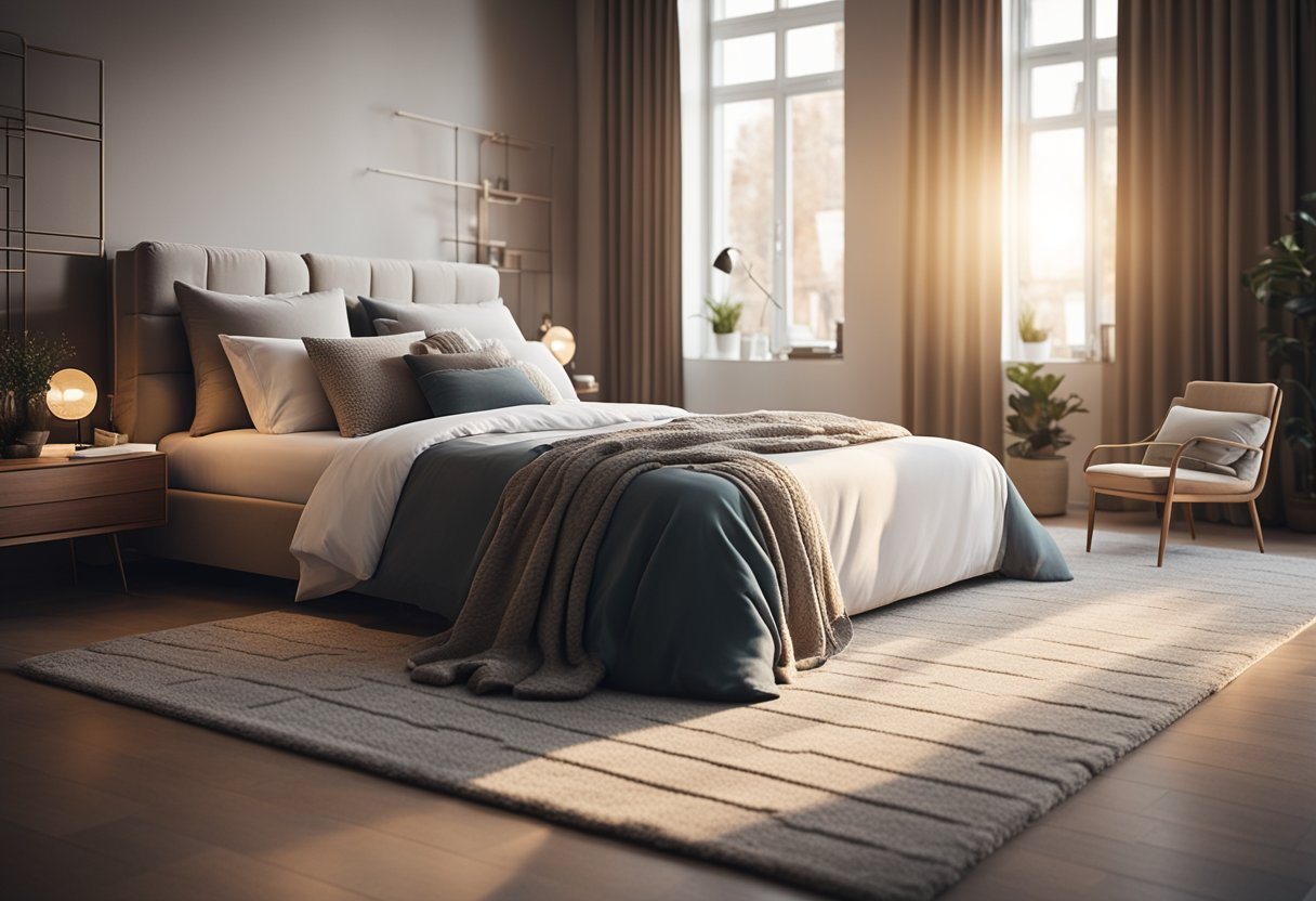 A cozy bedroom with a soft, plush carpet featuring a geometric pattern in soothing colors. Light spills in through a large window, casting a warm glow over the inviting space