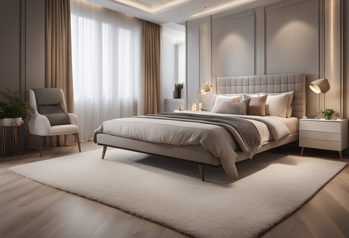 A cozy bedroom with a plush carpet in a neutral color, complementing the room's decor and creating a comfortable and inviting atmosphere