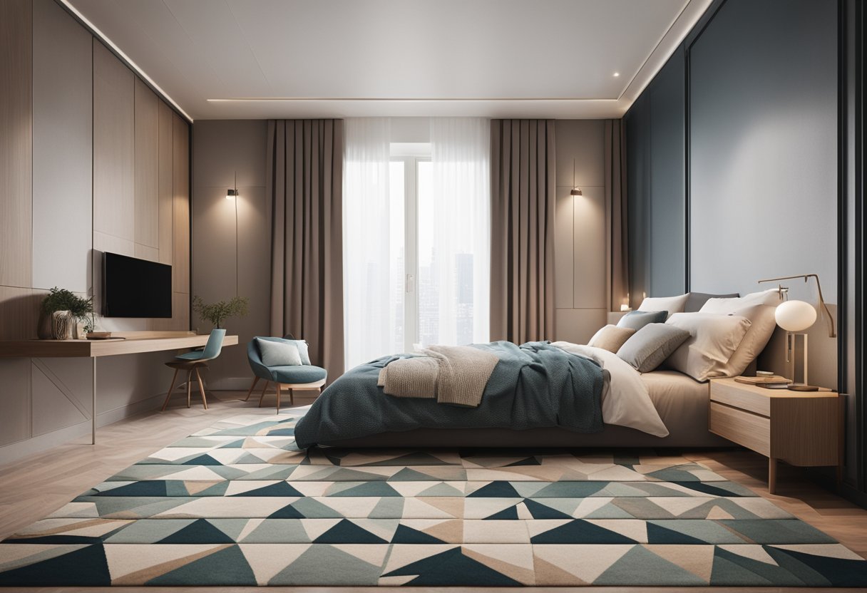 A cozy bedroom with a modern floor carpet design featuring geometric patterns and soft, muted colors