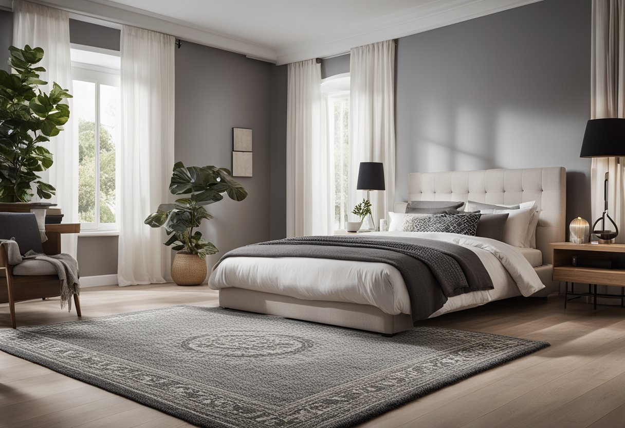 A bedroom with a cozy, modern carpet design featuring "Frequently Asked Questions" text in a bold, stylish font
