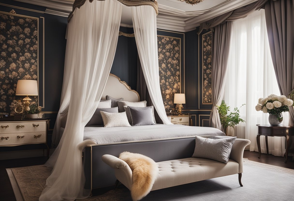 A cozy European style bedroom with ornate furniture, floral wallpaper, and a large canopy bed with luxurious bedding