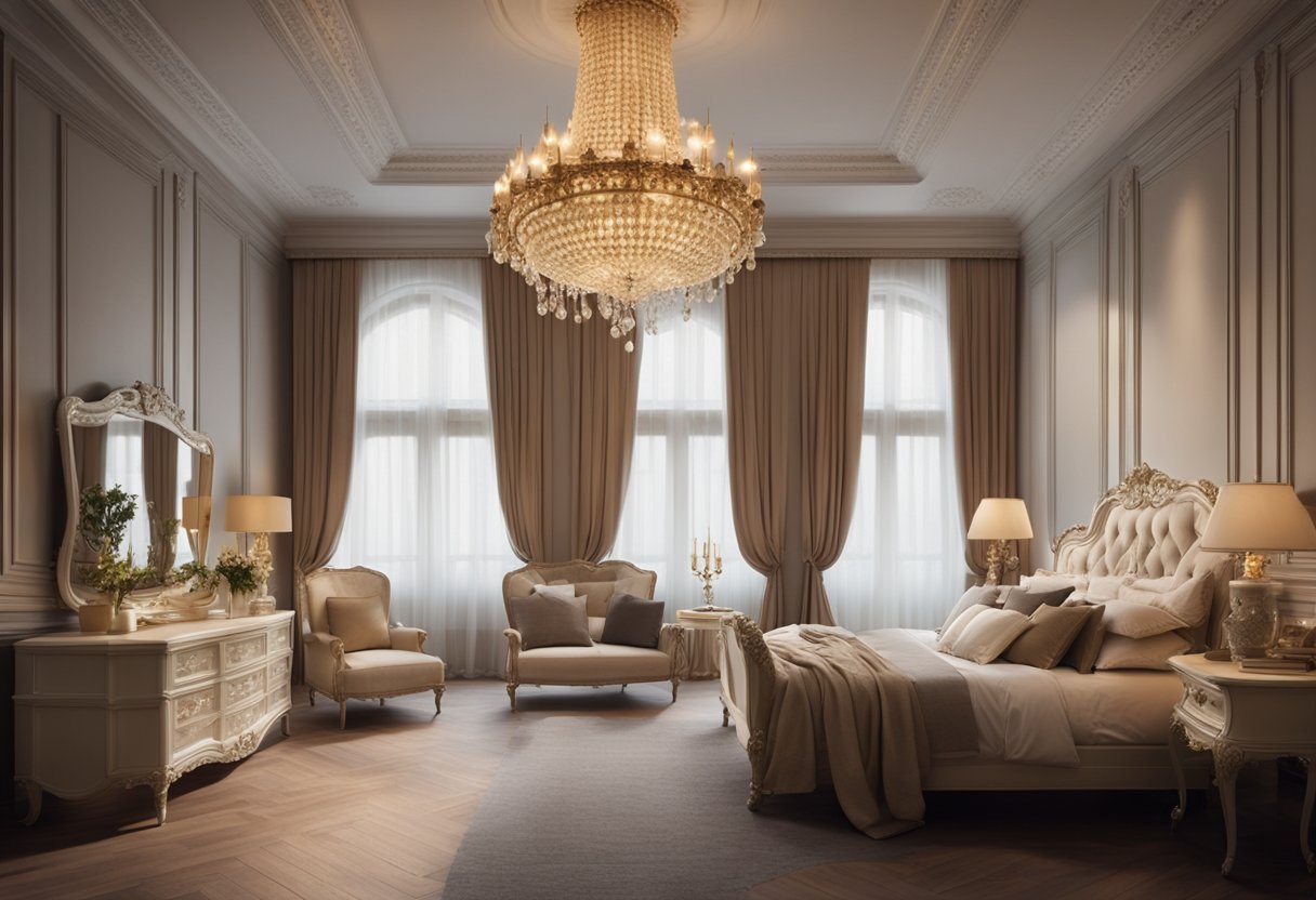 A cozy European style bedroom with ornate furniture, intricate moldings, and rich fabrics. A chandelier hangs from the ceiling, casting a warm glow over the room