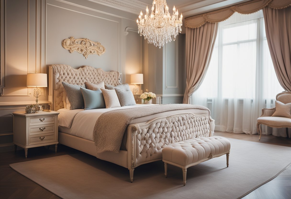 A cozy European-style bedroom with ornate furniture, soft pastel colors, and intricate patterns on the bedding and curtains. A large, elegant chandelier hangs from the ceiling, casting a warm glow over the room