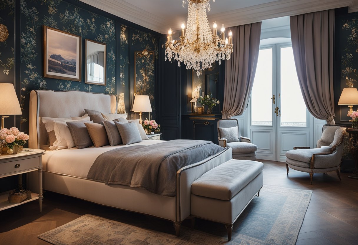 A cozy French bedroom with ornate furniture, floral wallpaper, and a chandelier hanging from the ceiling