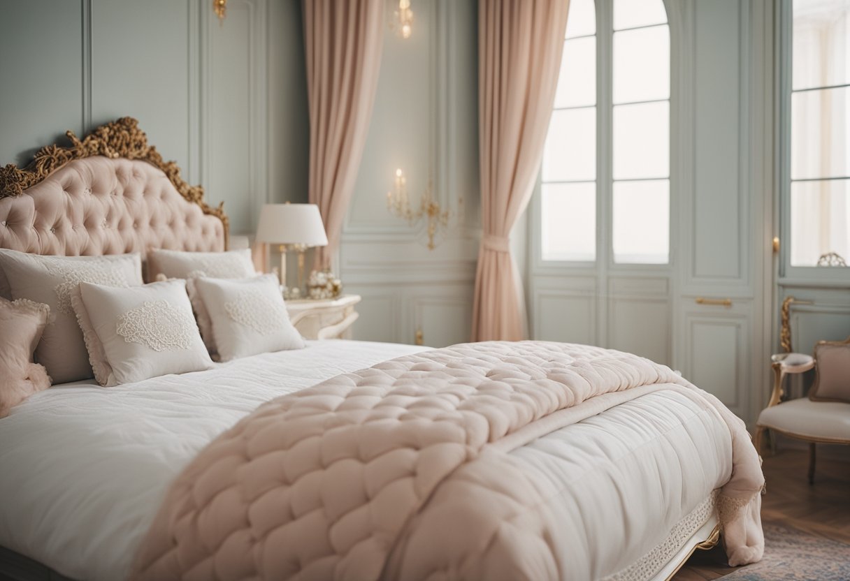 A cozy French bedroom with ornate furniture, pastel colors, delicate lace curtains, and a plush, tufted headboard