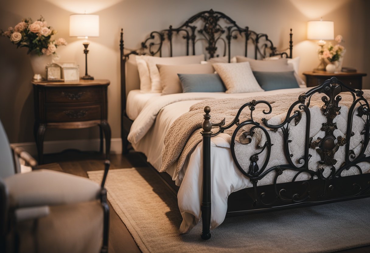 A cozy French bedroom with a wrought iron bed, soft floral bedding, vintage nightstands, and a chandelier casting a warm glow