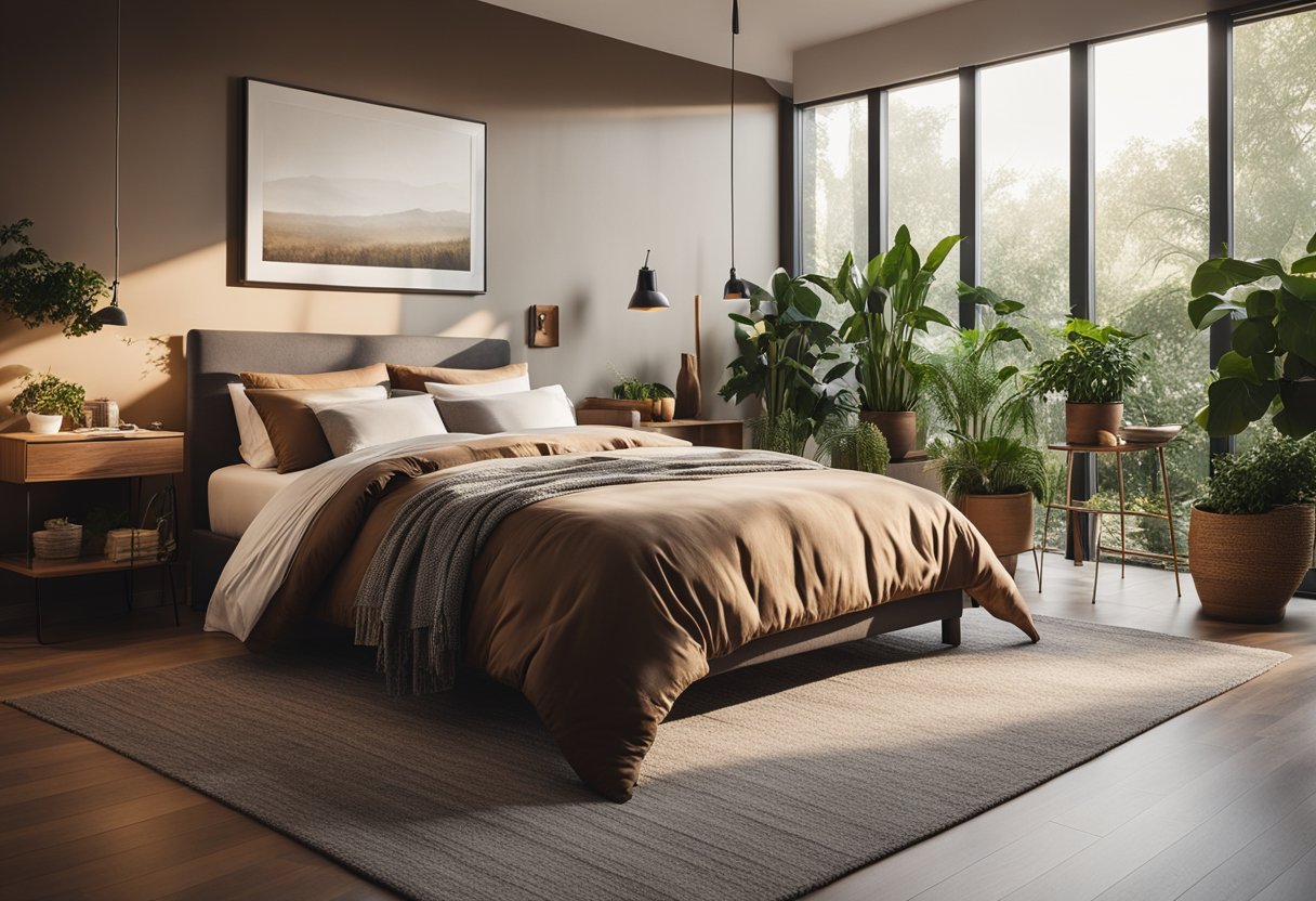 A cozy bedroom with a king-size bed, soft lighting, and warm earthy tones. A large window lets in natural light, and plants add a touch of greenery