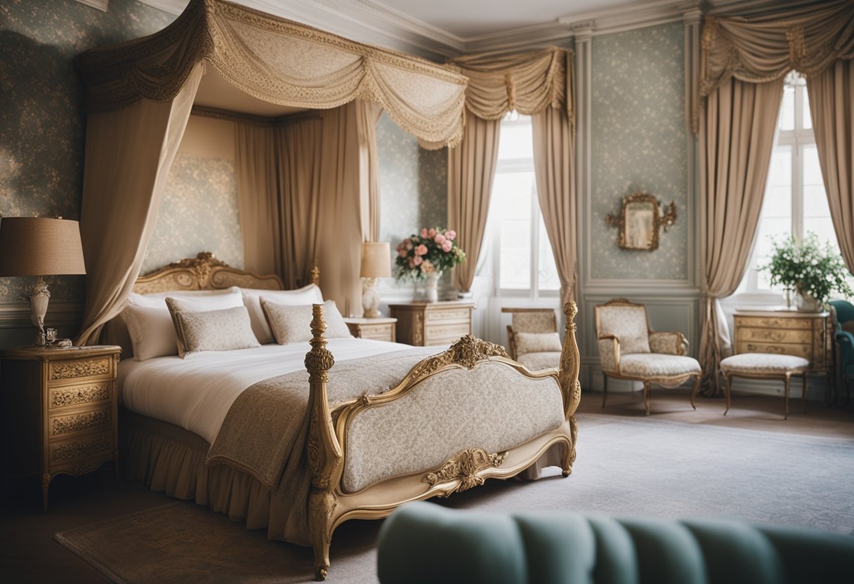 A cozy French bedroom with elegant decor, including a vintage bed with a canopy, floral wallpaper, and ornate furniture