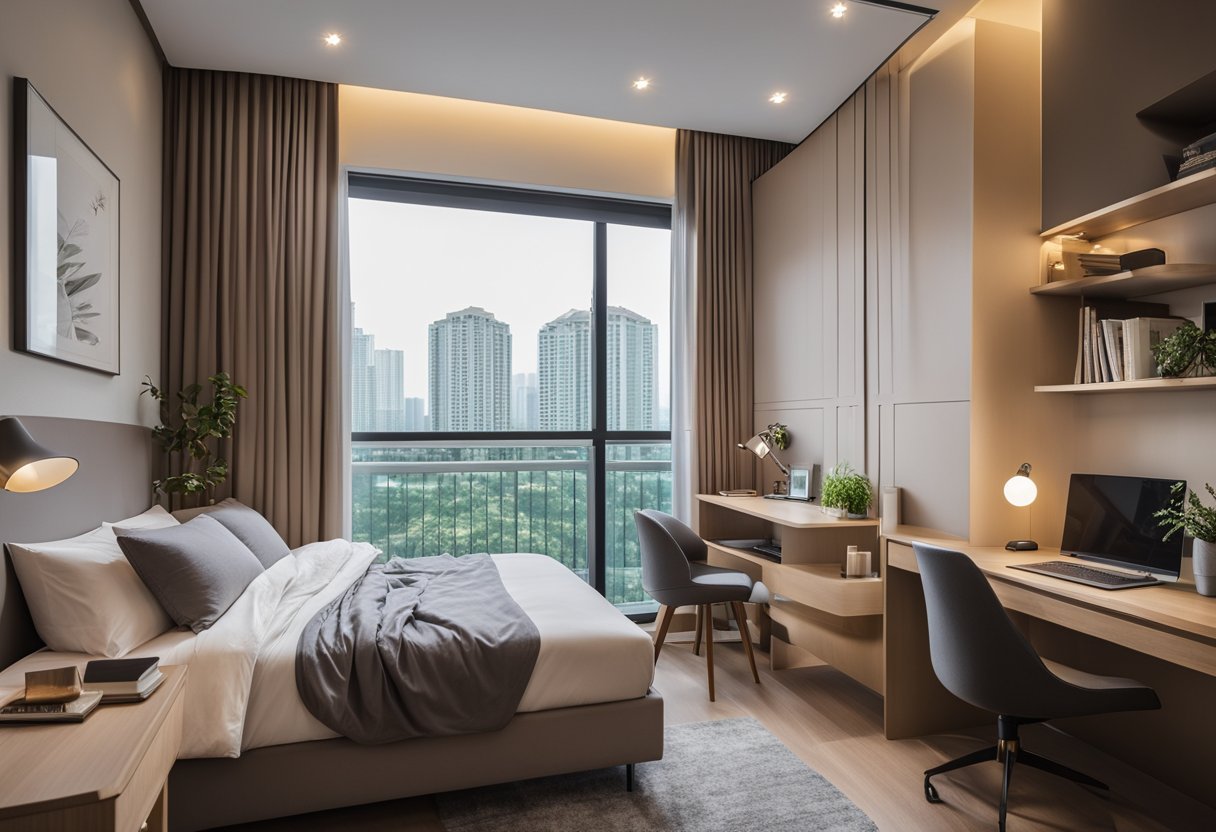 A cozy HDB bedroom with neutral tones, a queen-sized bed with a padded headboard, a sleek study desk, and a large window with sheer curtains