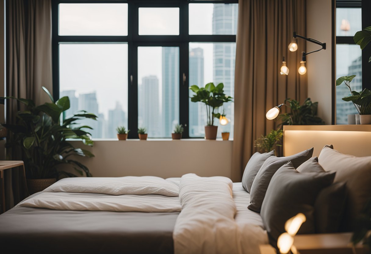 A cozy HDB bedroom with a plush bed, warm lighting, and personal touches like photos and plants creating a serene oasis