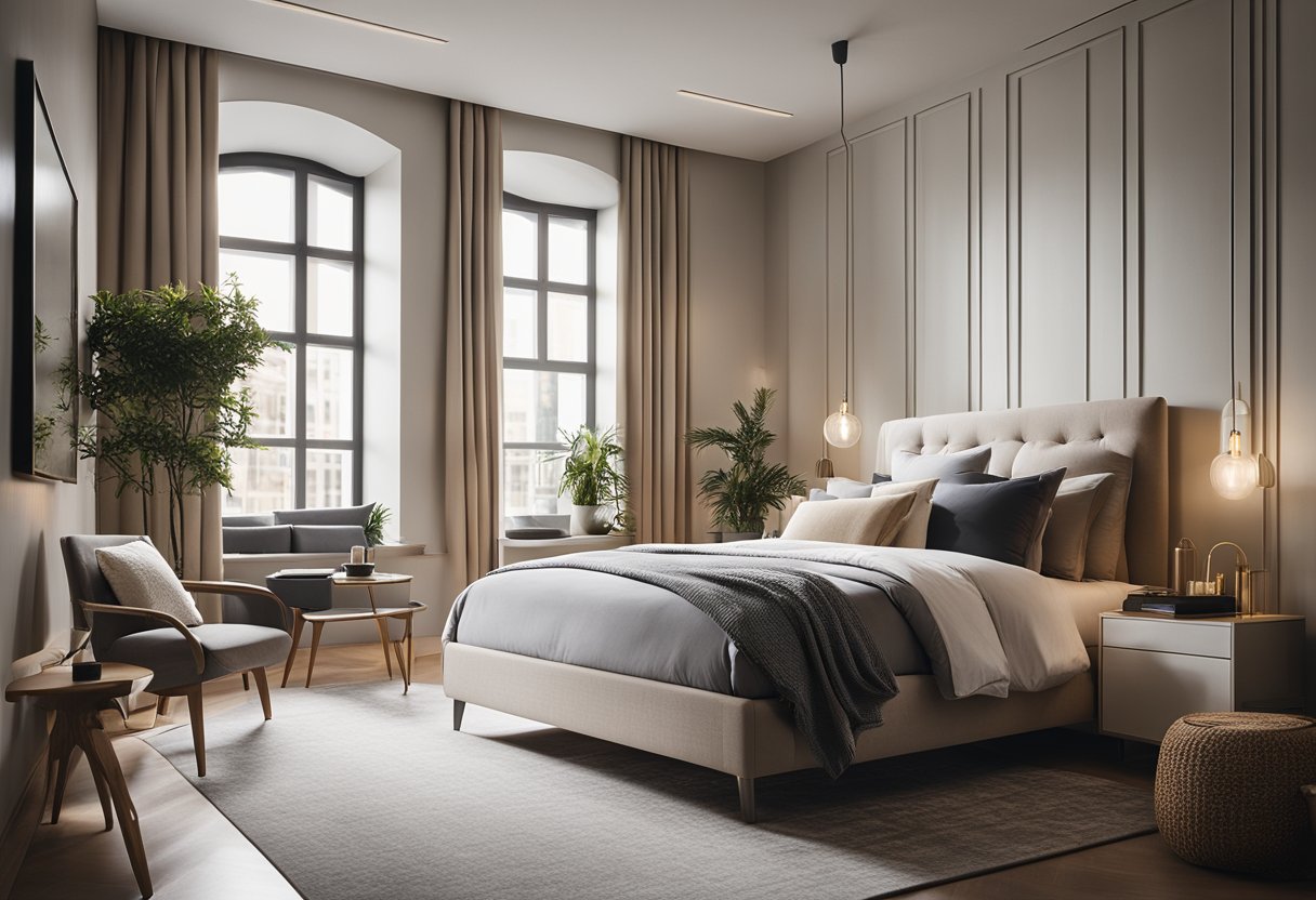 A modern bedroom with sleek furniture, soft lighting, and minimalistic decor. A cozy bed with neutral-colored bedding and a large window bringing in natural light