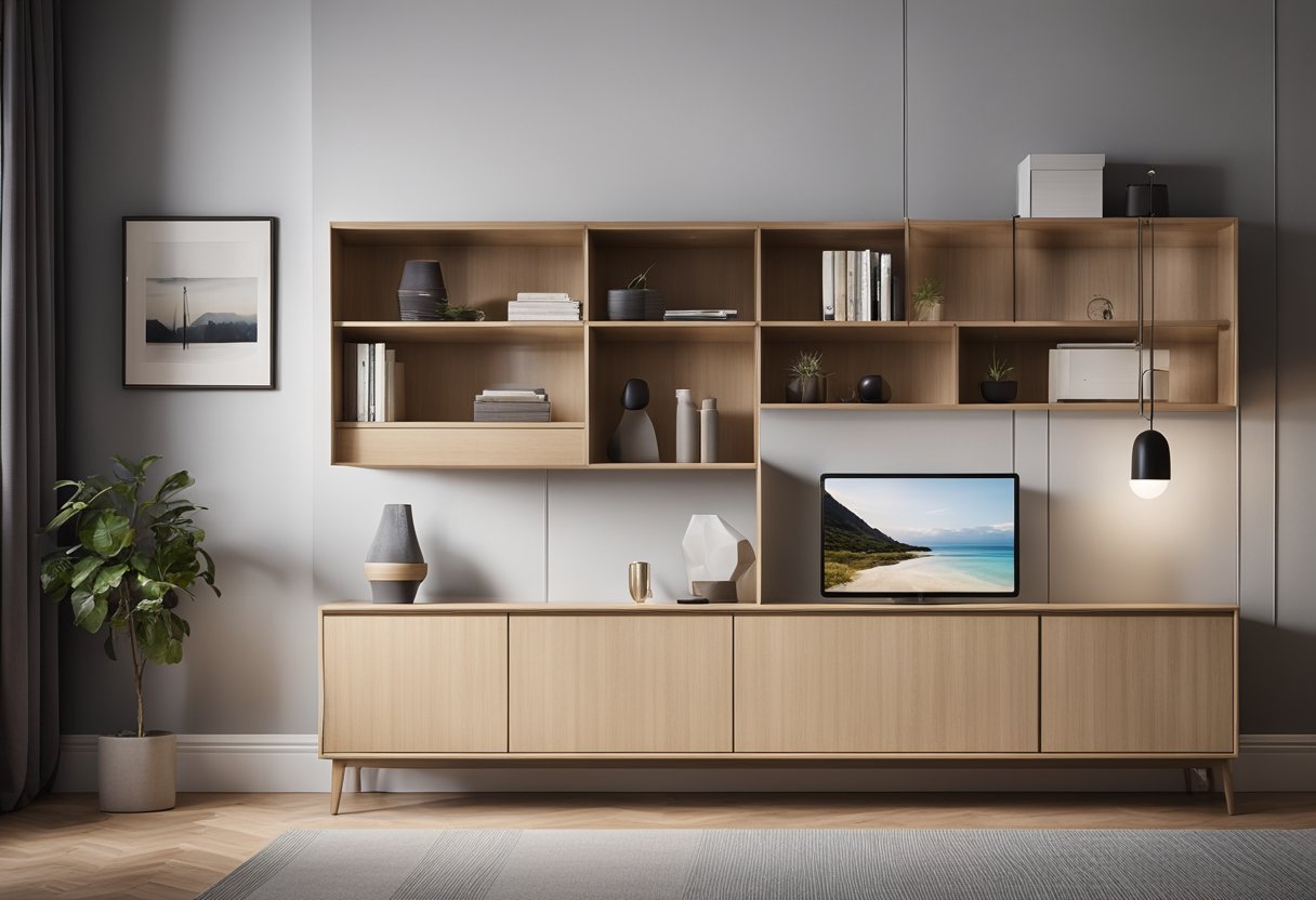 A sleek, modern hanging cabinet in a bedroom, with clean lines and minimalist design, featuring open shelves and closed compartments for storage