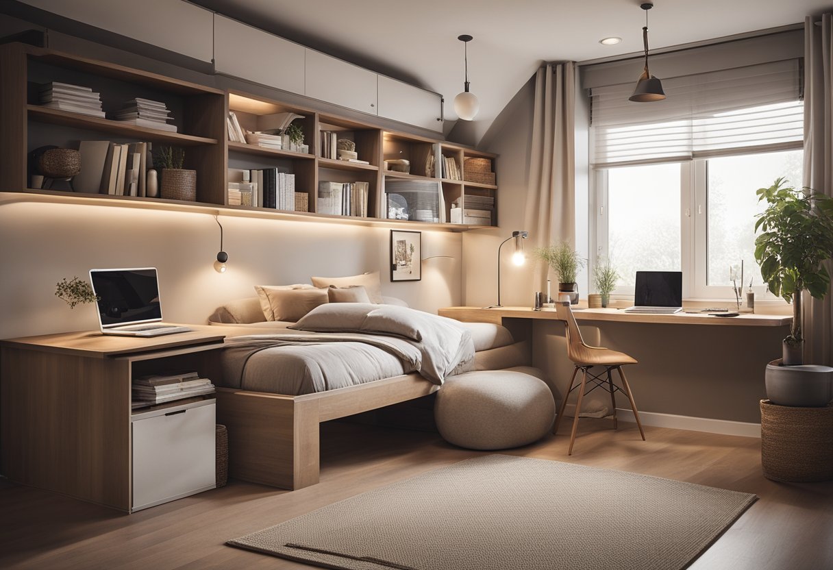 A cozy small bedroom with a built-in platform bed, floating shelves, and a fold-down desk. Soft lighting and minimal decor create a serene atmosphere