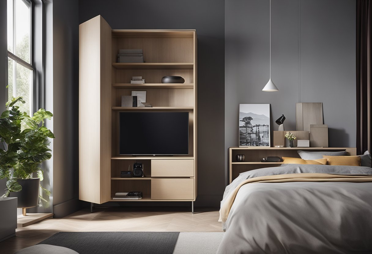 A sleek, modern hanging cabinet floats above a tidy bedroom, with clean lines and minimalist hardware. The cabinet features innovative storage solutions and a stylish, space-saving design