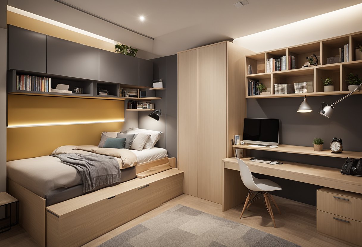 A compact HDB bedroom with a raised platform bed to create storage space underneath. Wall-mounted shelves and a fold-down desk optimize the limited space