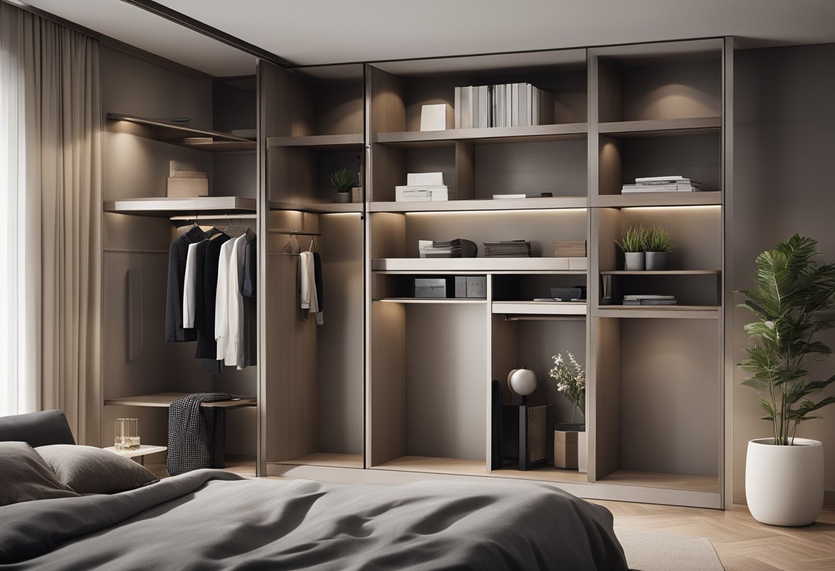 A sleek, modern hanging cabinet with open shelves and closed compartments, designed for a bedroom