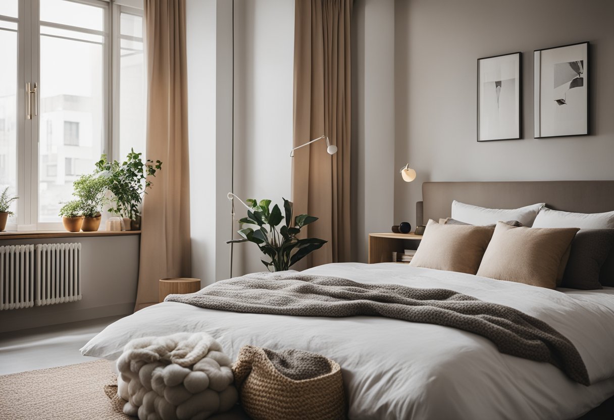 A small bedroom with minimalist decor, soft natural lighting, and cozy textiles