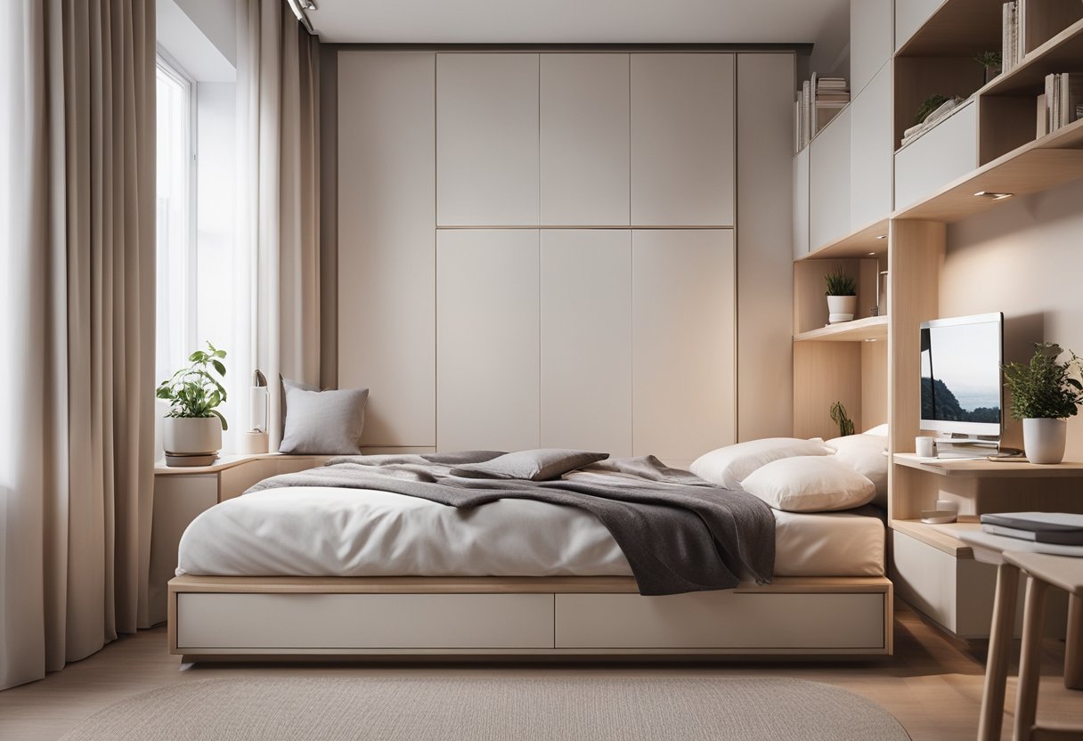 A cozy bedroom with space-saving furniture, clever storage solutions, and a minimalist design. Light colors and smart organization create a functional and inviting small space
