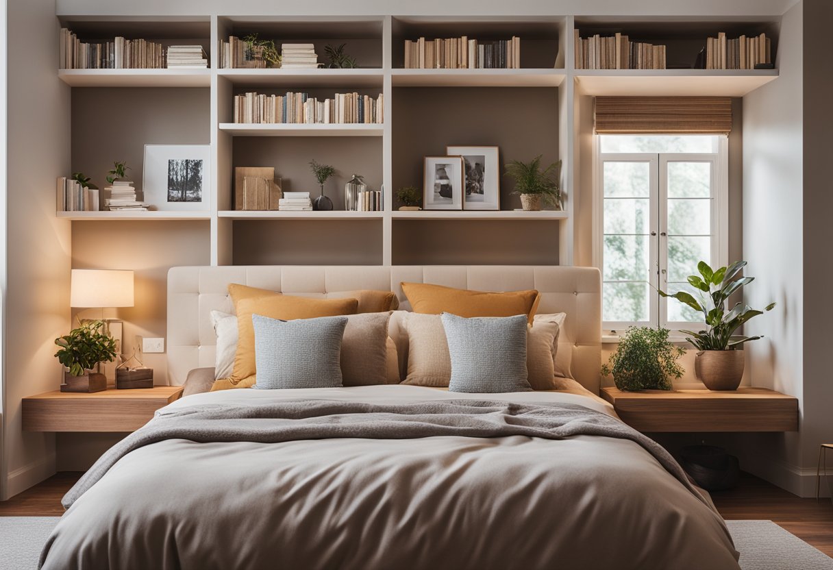 A cozy bedroom with a large, plush bed, soft lighting, and a warm color scheme. A bookshelf lines one wall, and a window lets in natural light