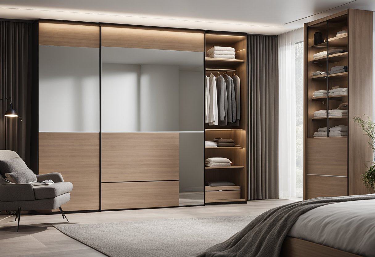 A modern, sleek bedroom wardrobe with sliding doors, built-in shelves, and a mirrored panel on one side. The color scheme is neutral with a touch of wood accents