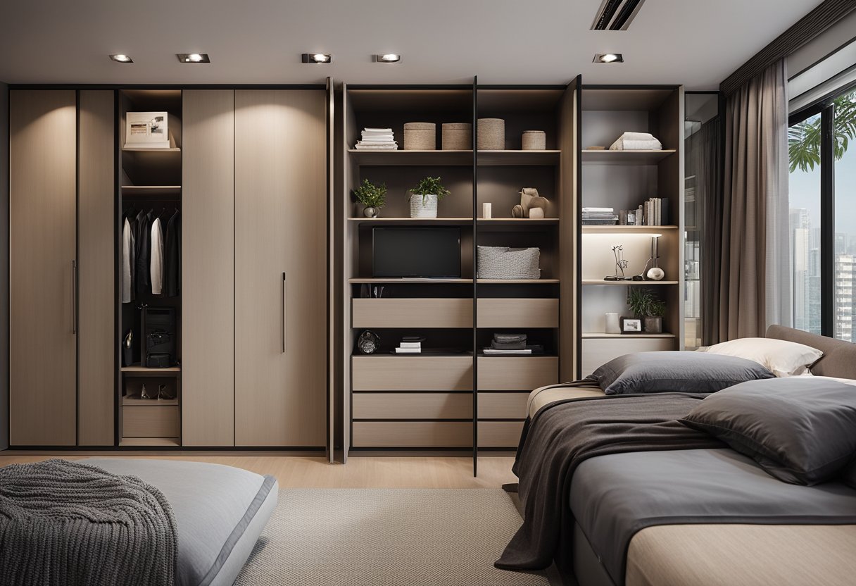 A sleek and modern HDB bedroom wardrobe with sliding doors, built-in shelves, and ample storage space