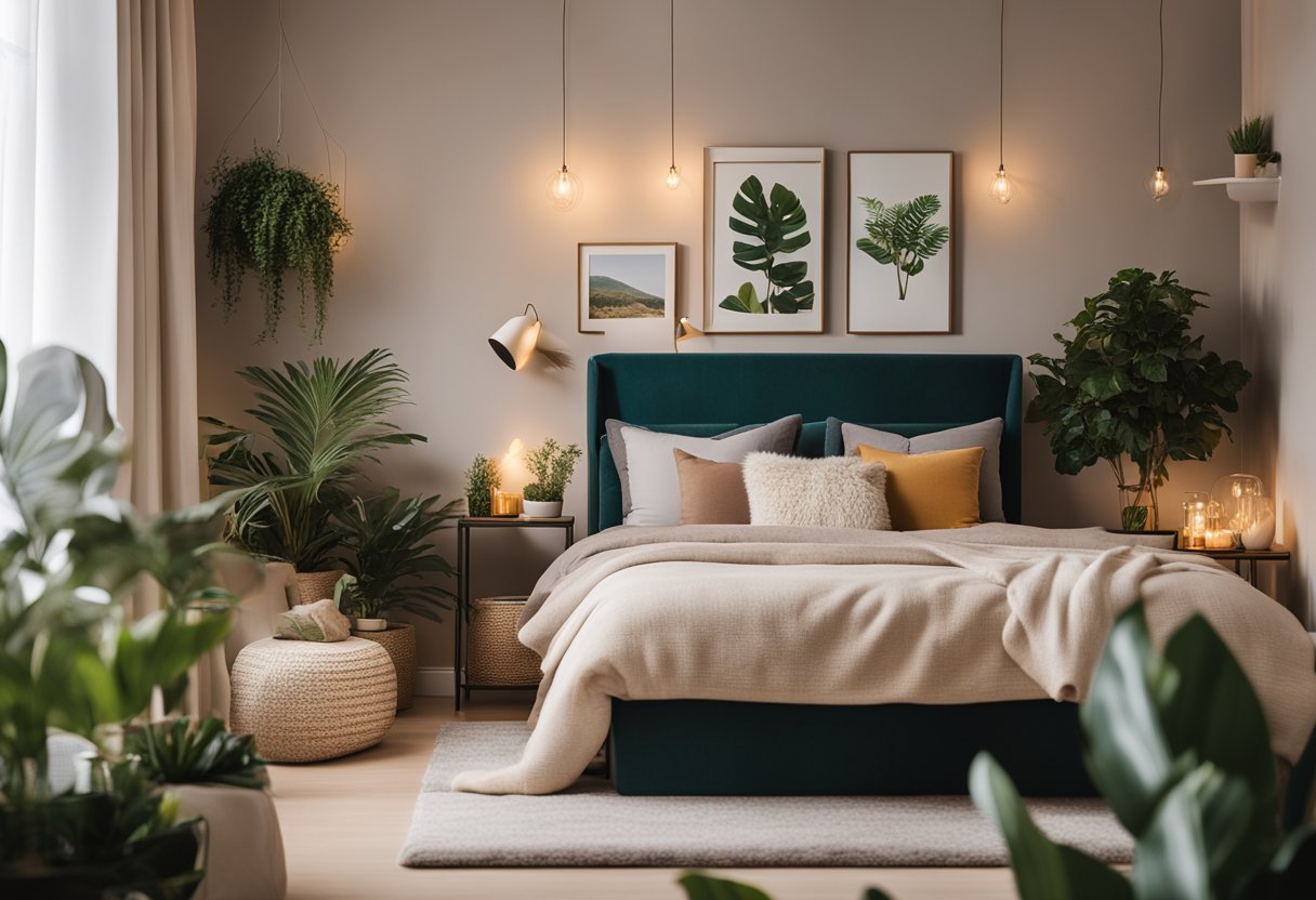 A cozy bedroom with warm lighting, soft throw pillows, and a plush rug. A personalized gallery wall and potted plants add character and charm