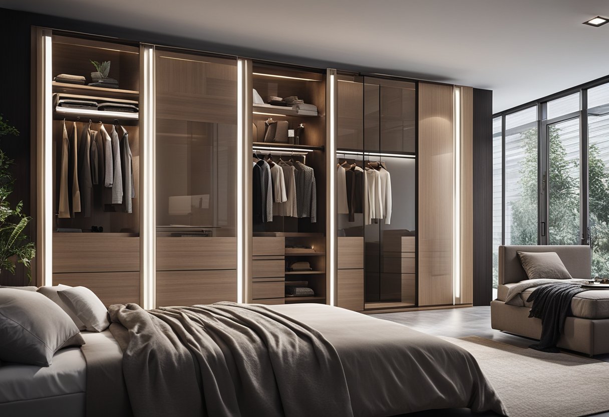 A sleek, modern bedroom wardrobe with adjustable shelves, built-in lighting, and sliding doors for easy access