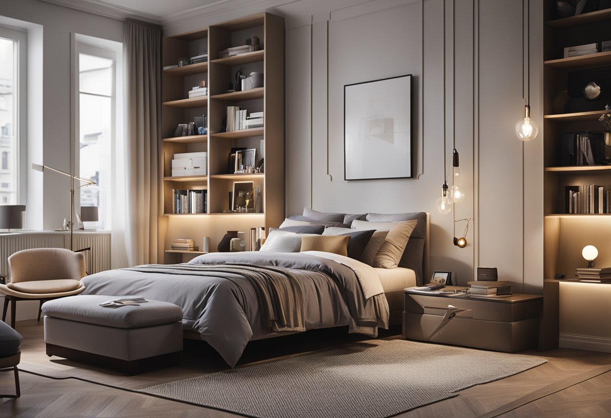 A cozy bedroom with modern furniture, soft lighting, and neutral tones. A large bed with plush pillows and a sleek desk with a comfortable chair. A bookshelf filled with books and decorative items