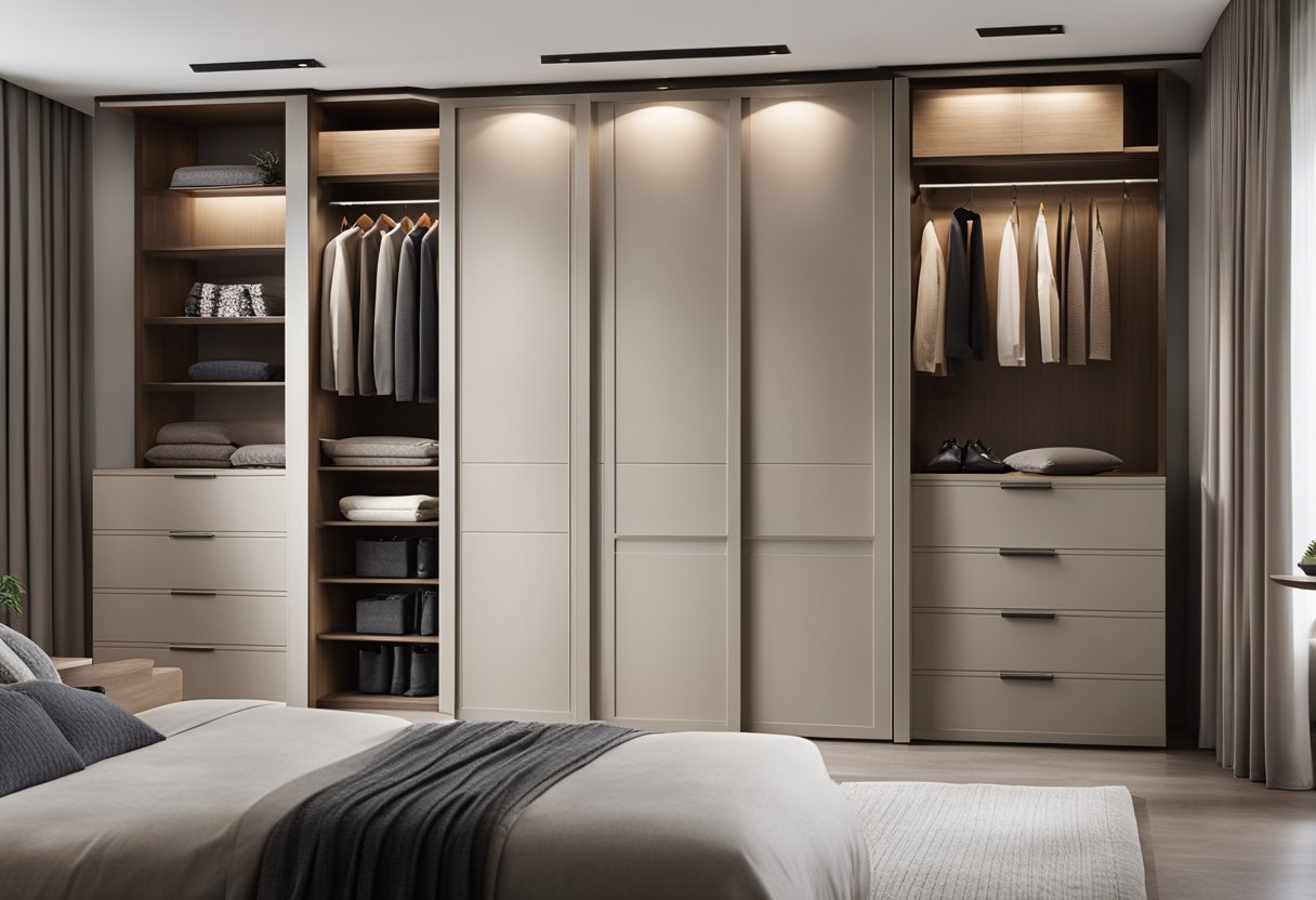 A sleek, modern bedroom wardrobe with ample storage space and sliding doors. Clean lines and a neutral color palette give it a timeless appeal