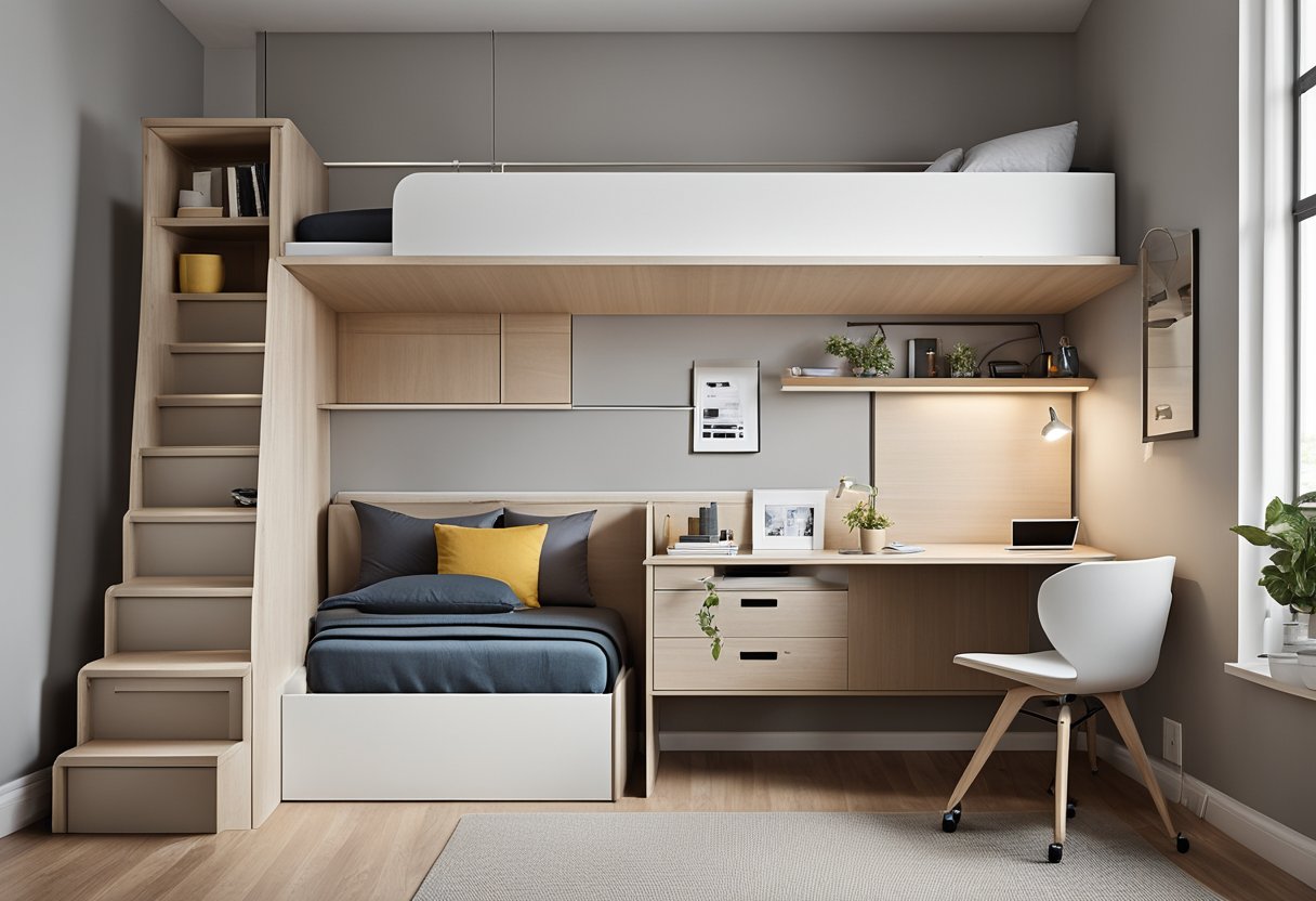 A small bedroom with a minimalist design, featuring a space-saving loft bed, a compact desk, and integrated storage solutions. The color scheme is neutral with pops of bright accent colors