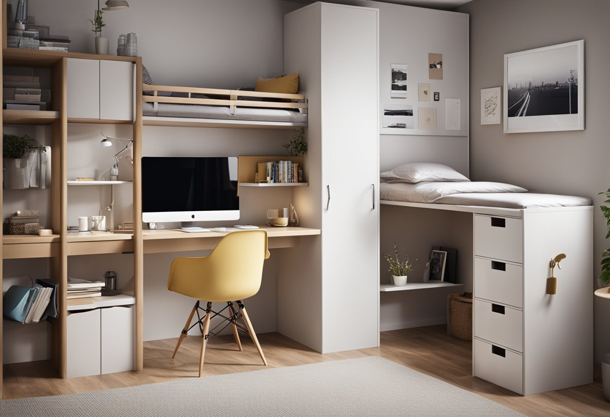 A small bedroom with a loft bed, wall-mounted shelves, and a fold-out desk. A mirror and multi-functional furniture optimize space