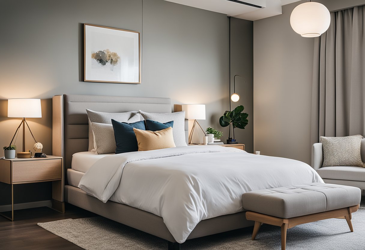 A modern bedroom with a sleek, minimalist design. The room features a stylish bed, a simple nightstand, and a cozy reading nook with a comfortable chair and a small table. The color scheme is neutral with pops of color in the decor