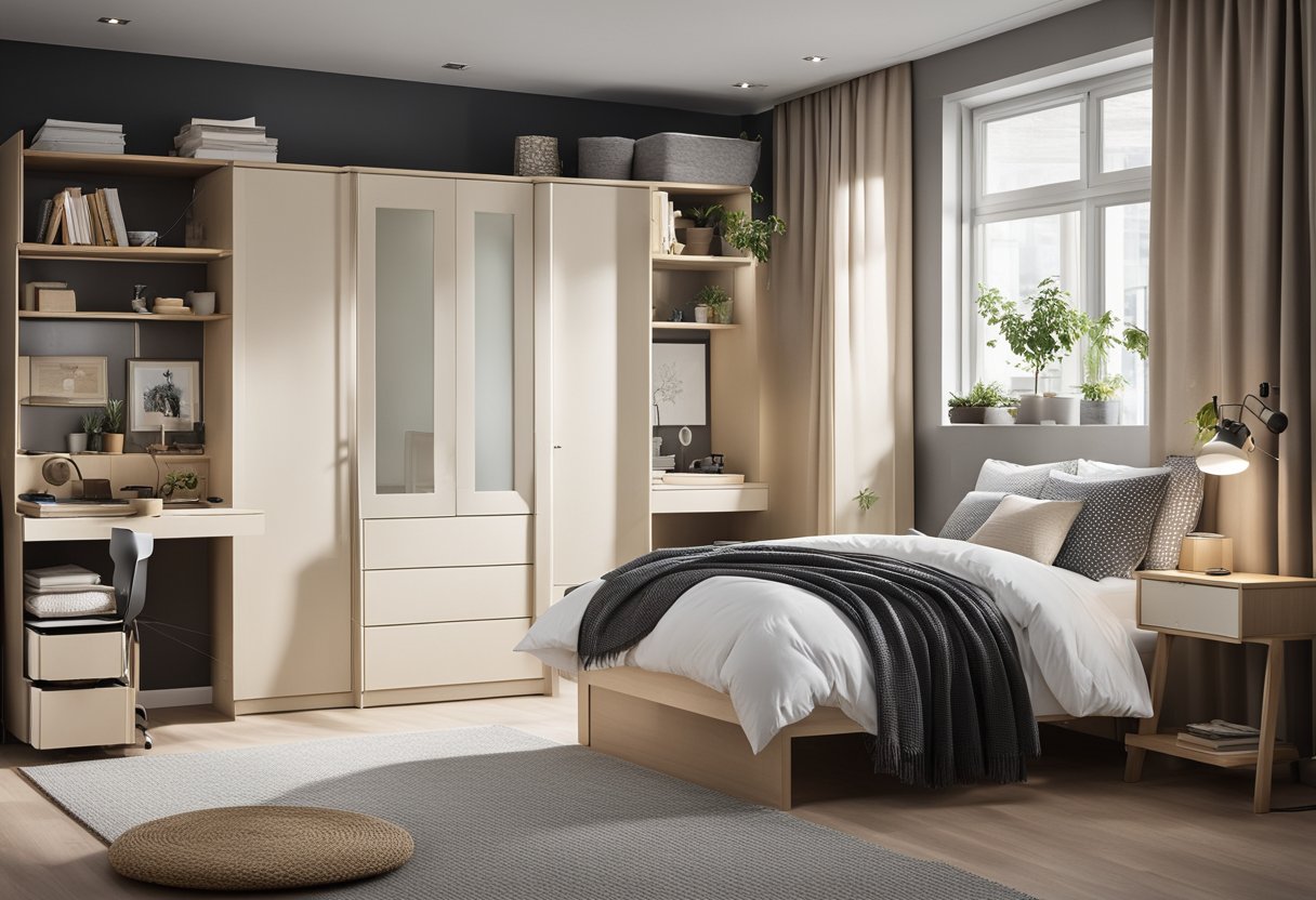 A small bedroom with a functional and stylish Ikea design, featuring space-saving furniture, neutral colors, and smart storage solutions