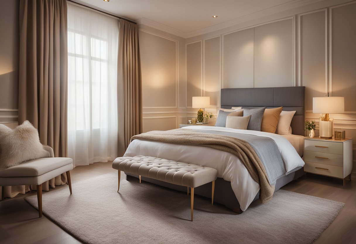 A cozy bedroom with a queen-sized bed, bedside tables, a soft rug, and a large window with flowing curtains. The room is decorated with warm colors and soft lighting, creating a relaxing atmosphere