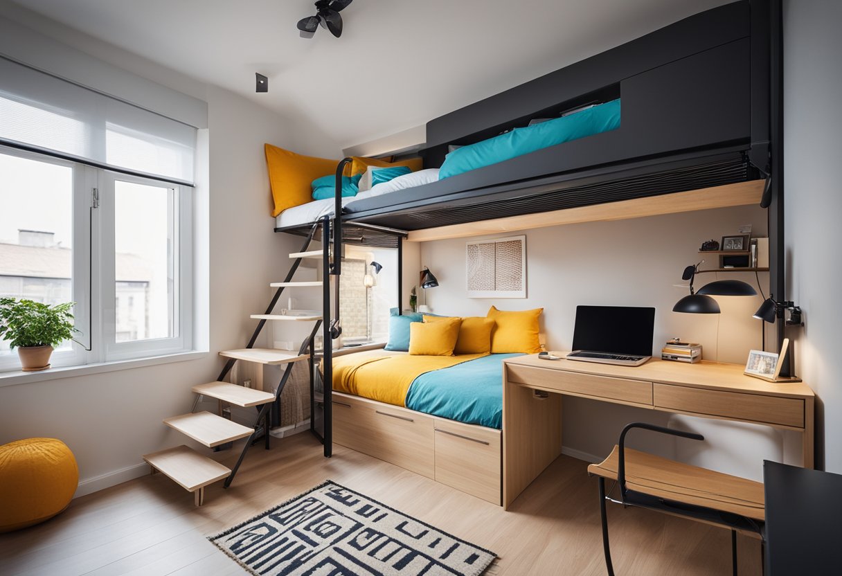 A small bedroom with a space-saving loft bed, wall-mounted storage units, and a foldable desk. Bright colors and natural light create a cozy and functional space