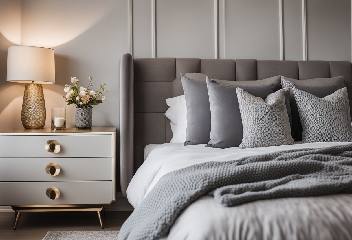 A cozy bedroom with a neatly made bed, adorned with decorative pillows and a soft throw blanket. A stylish nightstand with a lamp and a few carefully chosen accessories. A large mirror and a comfortable chair in the corner