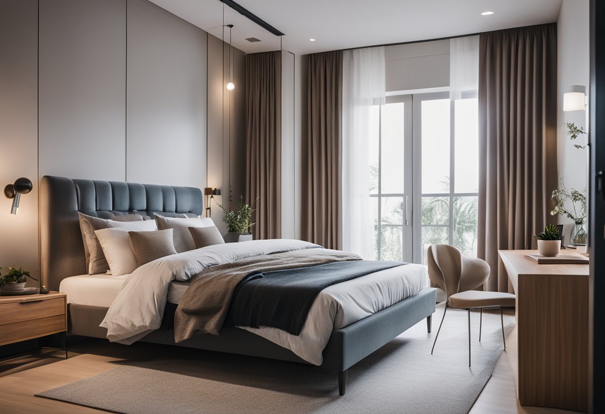 A cozy bedroom with modern furniture, including a sleek bed, stylish nightstands, and a spacious wardrobe. The room is well-lit and features a calming color palette