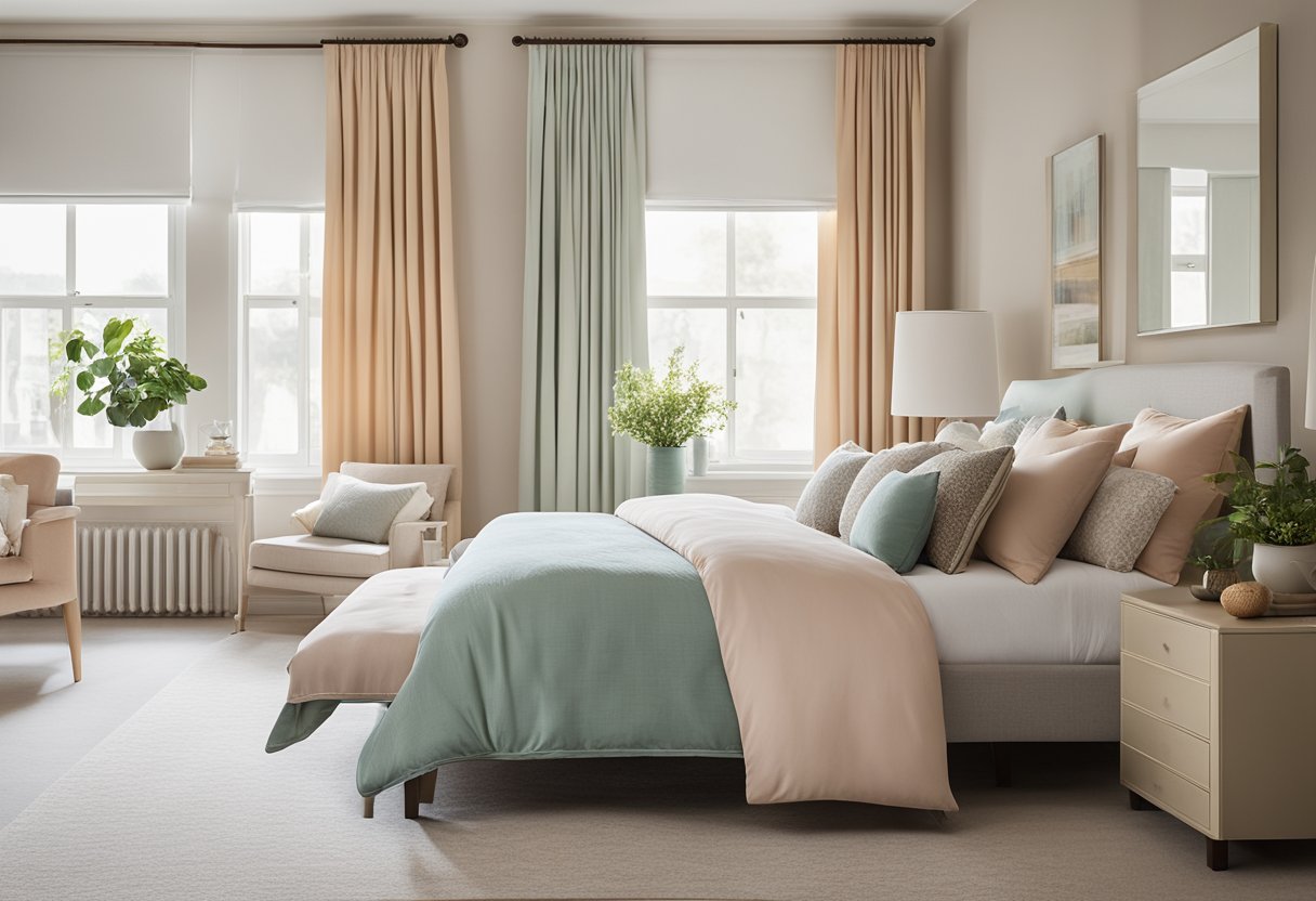 A bedroom with a cohesive color palette, featuring soft pastel tones and complementary accents. A neutral base with pops of color in textiles and decor creates a harmonious and inviting space