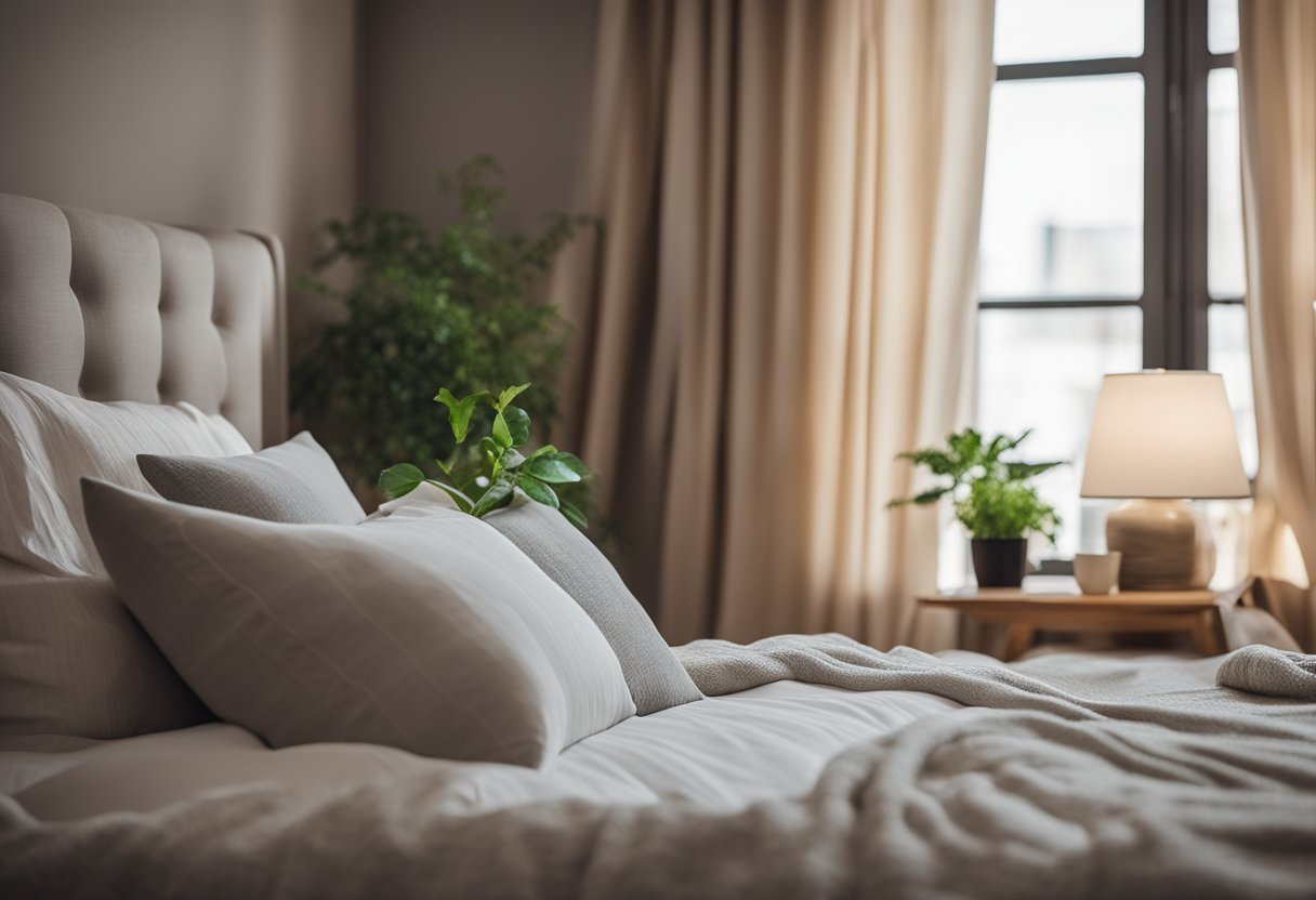 A cozy bedroom with a large bed, soft pillows, and warm blankets. A bedside table with a lamp, books, and a cup of tea. A window with flowing curtains and a potted plant on the sill