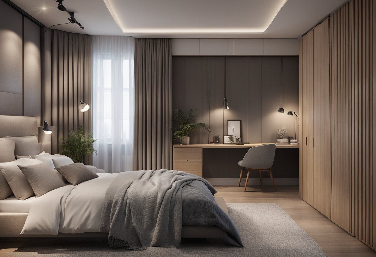 A spacious bedroom with a large bed centered against a feature wall, flanked by matching nightstands and lamps. A cozy reading nook with a comfortable chair and a small table. A spacious closet with sliding doors for easy access