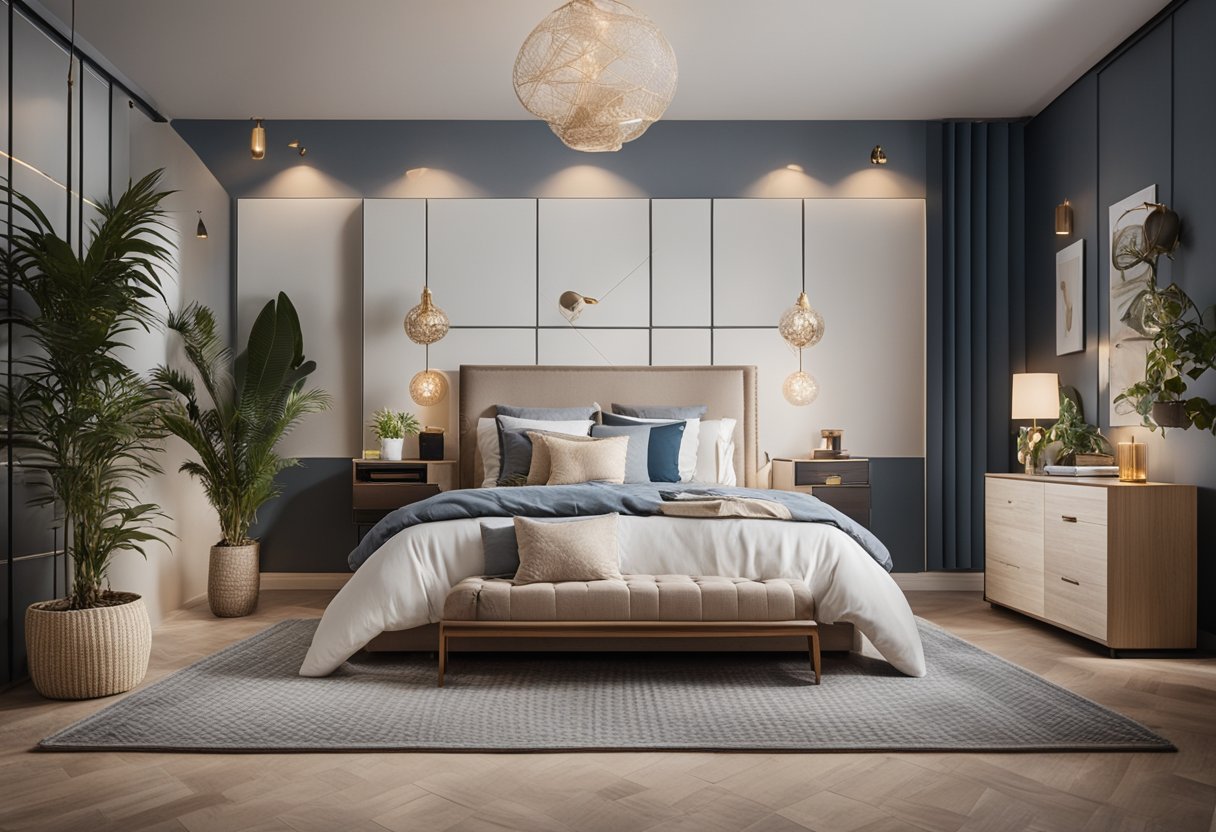 A cozy bedroom with a stylish bed, functional storage, and decorative accents. A mix of textures and colors creates a welcoming and comfortable atmosphere