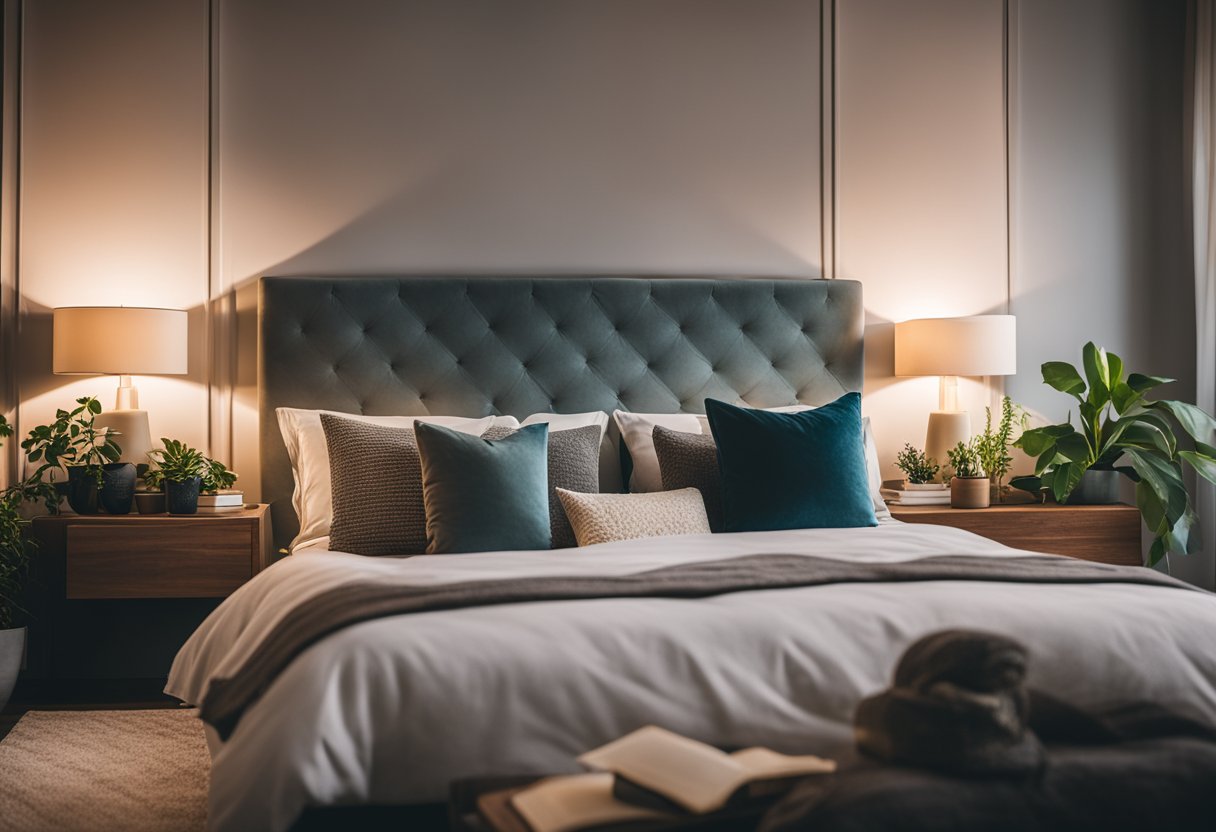 A cozy bedroom with a large bed, soft pillows, warm lighting, and a stylish nightstand. Books and plants add a touch of personality, while the color scheme creates a calming atmosphere